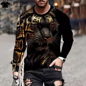 Футболки с принтом тигра Мужская одежда Модная мужская футболка с круглым вырезом и длинным рукавом Повседневная свободная мужская одежда с принтом тигра Топы S