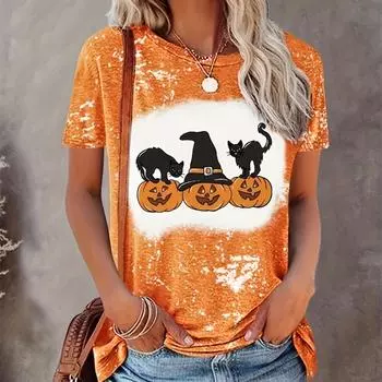 Футболки с принтом тыквы и кота Женская футболка Оранжевый женский топ Модный круглый вырез Плюс Размер Женский короткий рукав S