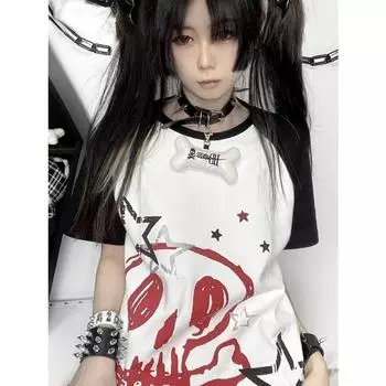 Футболки с принтом в стиле панк, череп и звезды, женские топы, свободные футболки с короткими рукавами Y2k, модный топ Harajuku Camisetas, футболки в стиле гранж, летняя футболка в готическом стиле S чёрный