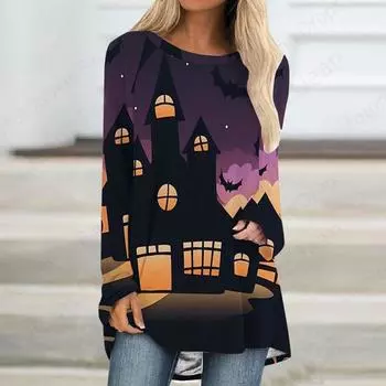 Футболки с принтом в виде мультфильма «Хэллоуин» с 3D-принтом, женские модные футболки с длинными рукавами, повседневные длинные туники, топы с изображением призраков ужасов, женские S