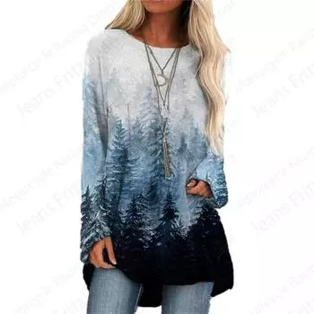 Футболки с принтом в виде природных пейзажей 3D, женская мода, футболка с длинным рукавом, туника с крестообразным узором, длинная винтажная футболка, градиентная одежда для женщин S