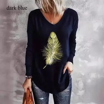 Футболки с принтом «животные буквы, перья, луна» 3D, черные футболки больших размеров, женская мода, V-образный вырез, длинный рукав, футболка S