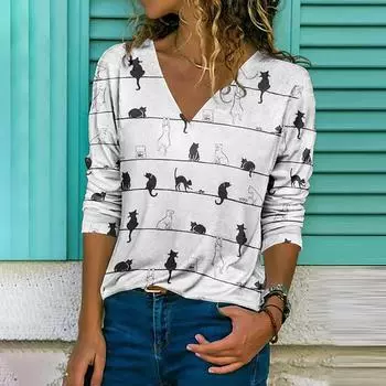 Футболки с принтом животных и кошек 3D, черные футболки больших размеров, женская мода, V-образный вырез, длинный рукав, футболка S