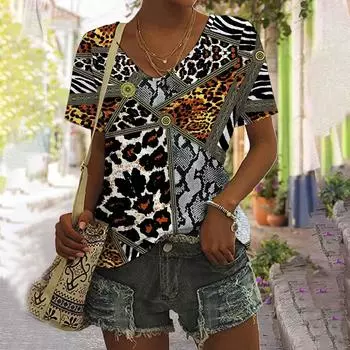 Футболки с принтом змеи, V-образный вырез, женская сексуальная леопардовая цифровая футболка с принтом 3D, с короткими рукавами, модный женский топ S