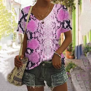 Футболки с принтом змеи, V-образный вырез, женская сексуальная леопардовая цифровая футболка с принтом 3D, с короткими рукавами, модный женский топ S