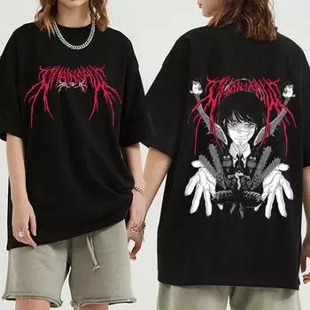 Футболки с японским аниме «Человек бензопилы» Manga Makima Power Denji, футболка с графическим принтом, одежда унисекс, модная футболка с короткими рукавами, топы S чёрный