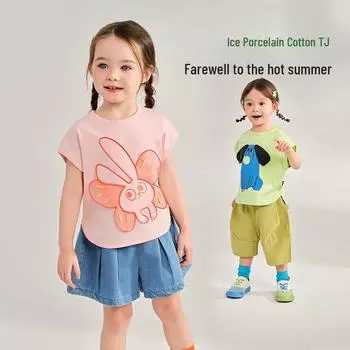 Футболки с рисунками для детей из хлопка Ice Porcelain 2025 года - милые топы с круглым вырезом для мальчиков и девочек 100 cm