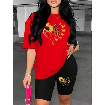 Футболки с рисунком бабочек и подсолнухов, комплект из двух предметов, удобные спортивные женские шорты с короткими рукавами, мягкие удобные шорты S