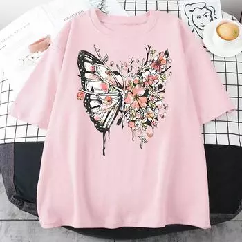 Футболки с рисунком бабочки и цветка, женская футболка Kawaii, 100% хлопок, мягкие футболки с коротким рукавом, повседневные топы высокого качества XS белый