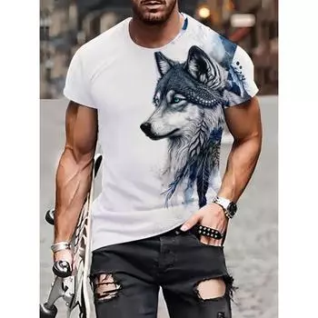 Футболки с рисунком белого волка, летние черные футболки, мужская уличная футболка с 3D принтом, модные топы с короткими рукавами и круглым вырезом S чёрный