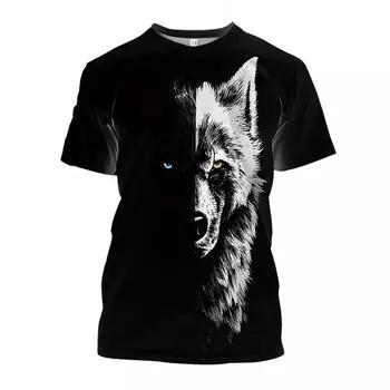 Футболки с рисунком белого волка, летние черные футболки, мужская уличная футболка с 3D принтом, модные топы с короткими рукавами и круглым вырезом S чёрный