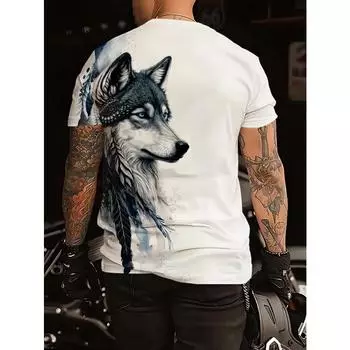 Футболки с рисунком белого волка, летние черные футболки, мужская уличная футболка с 3D принтом, модные топы с короткими рукавами и круглым вырезом S чёрный