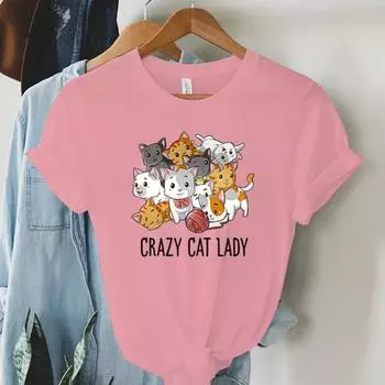 Футболки с рисунком Crazy Cat Lady, женские модные футболки с короткими рукавами и животными с героями мультфильмов Y2k, уличная одежда с забавными котами, женская одежда XXL