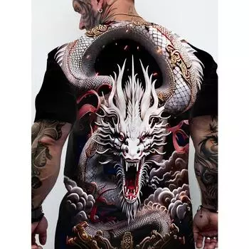 Футболки с рисунком Дракона, Льва и Паука, летние футболки, мужская уличная футболка с 3D принтом, модные топы с короткими рукавами и круглым вырезом S чёрный