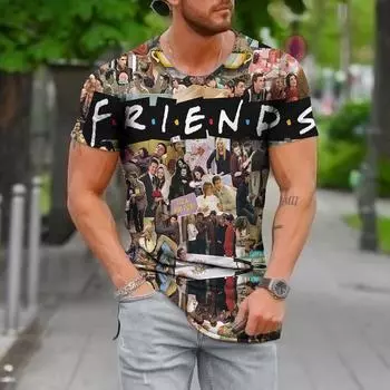 Футболки с рисунком «Друзья» с буквами и мультяшным рисунком, летние футболки с буквами, мужская уличная одежда, футболка с 3D-принтом, модные топы с коротким рукавом и круглым вырезом S