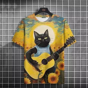 Футболки с рисунком кота, крутой классический художественный стиль, мужские и женские футболки с принтом, модные свободные топы с круглым вырезом и короткими рукавами 4XL