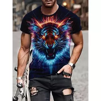 Футболки с рисунком тигра, летние футболки, мужская уличная одежда, черная футболка с 3D принтом «Бог», модные топы с короткими рукавами и круглым вырезом S чёрный