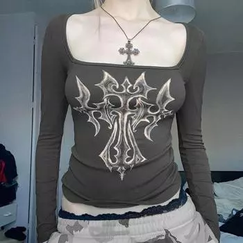 Футболки с рисунком Y2k, эстетические женские феерические гранж-гранж с квадратным воротником, укороченный топ с длинными рукавами, одежда 2000-х годов, уличная одежда L чёрный