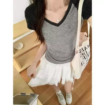 Футболки с рукавами реглан в американском стиле для женщин, милый темперамент с V-образным вырезом, универсальные, облегающие, летние футболки с короткими рукавами для девочек M