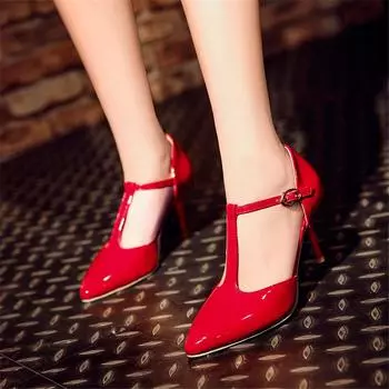 Футболки с Т-образным ремешком, одинарные туфли с острым носком и полой по бокам, туфли из лакированной кожи на высоком каблуке 34 красный