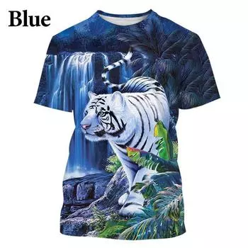 Футболки с тигровым сине-желтым узором, летние футболки, мужская уличная футболка с 3D принтом, модные топы с короткими рукавами и круглым вырезом S синий