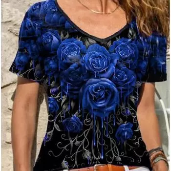 Футболки с v-образным вырезом для женщин, топы с 3d принтом розы, повседневная уличная женская одежда, летняя модная футболка большого размера, женская одежда Y2k L