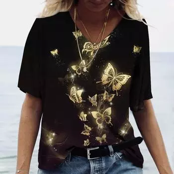 Футболки с v-образным вырезом и 3D принтом бабочки и розы, женские винтажные свободные топы с короткими рукавами, летние повседневные футболки для влюбленных пар S