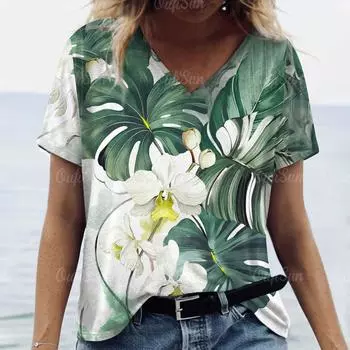 Футболки с v-образным вырезом и короткими рукавами, летние женские футболки, повседневная одежда, топы с 3d ботаническим цветочным принтом, модная женская одежда XS