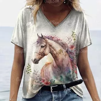 Футболки с V-образным вырезом и принтом животных для женщин, повседневная одежда в стиле Харадзюку, женские топы, базовые футболки больших размеров, модная летняя футболка с 3D-принтом S