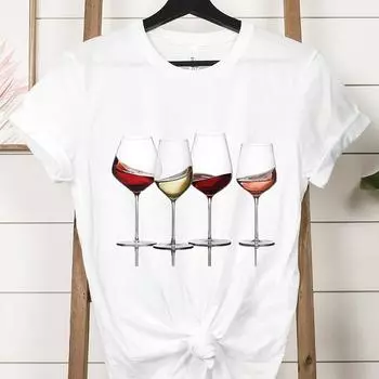 Футболки с винным принтом для женщин, летние повседневные футболки с круглым вырезом, футболки с короткими рукавами, модная футболка XXS чёрный