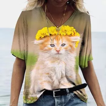 Футболки с забавным котом, женская футболка с 3D принтом животного и v-образным вырезом, с коротким рукавом Y2k, уличная одежда в стиле Харадзюку, большие женские топы, футболки, одежда S