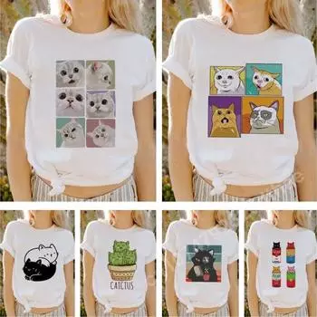 Футболки с забавным рисунком кота для женщин, кавайная одежда, круглый вырез, короткий рукав, топ Y2k, летняя белая футболка, футболка Harajuku большого размера S