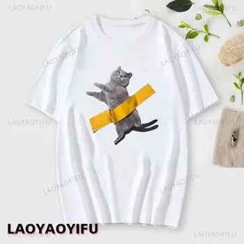 Футболки с забавным рисунком кота, женская универсальная уличная футболка, повседневная модная японская футболка унисекс в стиле Харадзюку, летняя футболка с коротким рукавом L