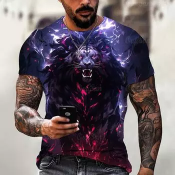 Футболки с животными для мужчин, 3D-принт льва, свирепый зверь, мужская одежда, уличный дизайнер, короткие рукава, футболки, свободная футболка большого размера S