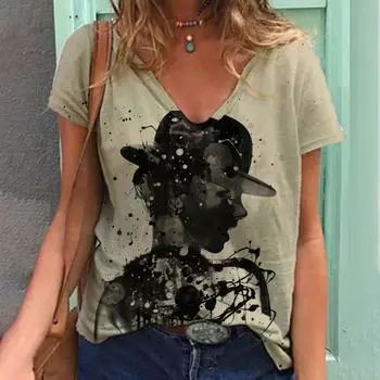 Футболки Streetwear с 3D-принтом, разноцветные, с портретом и V-образным вырезом, женская футболка во французском стиле S