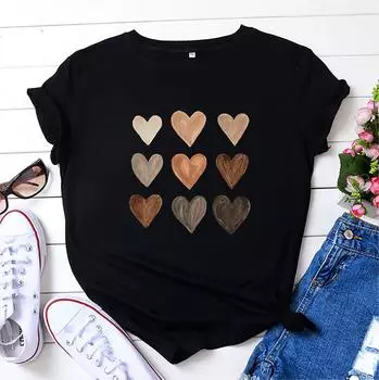 Футболки Summer Love Printed Cotton Loose Casual с круглым вырезом и короткими рукавами для женщин S чёрный