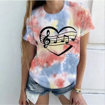 Футболки Summer Music Heart Tie Dye 3D Print Футболки для женщин Уличная одежда Повседневная мода Футболка с коротким рукавом Футболка с круглым вырезом для детей Футболки Топы Одежда M