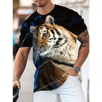 Футболки Summer Tiger Black с 3D-принтом, с круглым вырезом, в уличном стиле, повседневные, эластичные, мягкие, мужские, больших размеров, европейские, мужские футболки US S