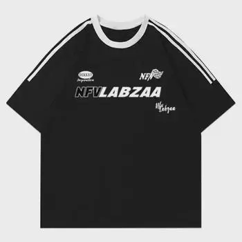 Футболки свободного кроя в стиле ретро High Street унисекс 2024 года с рисунком из трех полос и буквенным принтом L