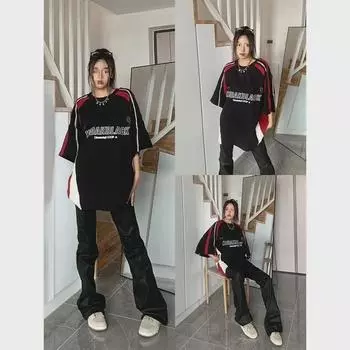 Футболки свободного покроя для мужчин и женщин в стиле гонок красного и черного цвета - летние топы с короткими рукавами L чёрный