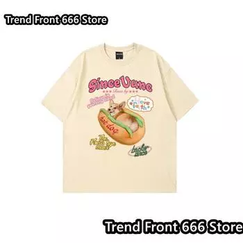 Футболки унисекс с принтом «Американский хот-дог», хлопковые забавные футболки с круглым вырезом для женщин, топы для хай-стрит, футболки с коротким рукавом 100cm