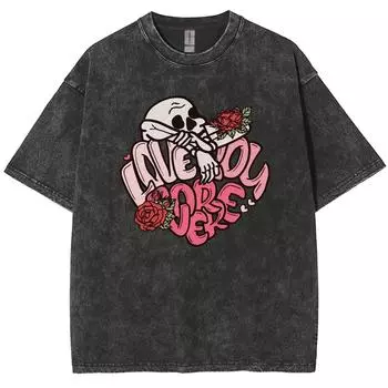 Футболки унисекс с принтом черепа и букв, стираный деним, свободные короткие рукава, простая повседневная одежда летнего дизайна S