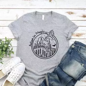 Футболки «Верю в волшебство», рубашка «Школа волшебства», футболка «Школа волшебства», женская футболка с рисунком, короткие рукава, школьные футболки HP, топы S чёрный