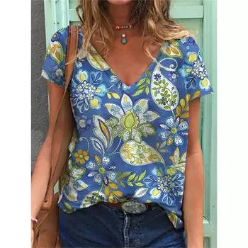Футболки в этническом стиле с цветочным принтом 3D, женские футболки с V-образным вырезом и коротким рукавом, уличная одежда, топ Y2k, футболка Harajuku большого размера, женская одежда S