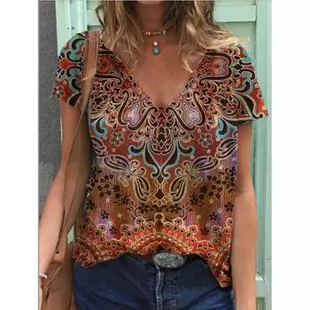 Футболки в этническом стиле с цветочным принтом 3D, женские футболки с V-образным вырезом и коротким рукавом, уличная одежда, топ Y2k, футболка Harajuku большого размера, женская одежда S