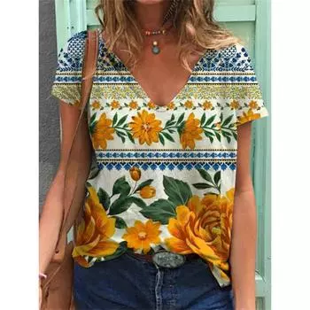 Футболки в этническом стиле с цветочным принтом 3D, женские футболки с V-образным вырезом и коротким рукавом, уличная одежда, топ Y2k, футболка Harajuku большого размера, женская одежда S