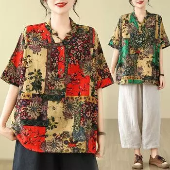 Футболки в китайском стиле в стиле ретро, женские, весна-лето, повседневные, с принтом, топы, Harajuku, с коротким рукавом и дизайном на полпуговицы XXXL красный