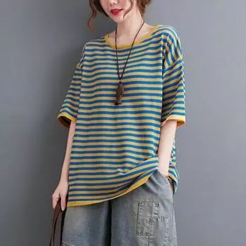 Футболки в полоску из хлопка, женские повседневные свободные топы с коротким рукавом, летние трендовые тонкие футболки большого размера, футболка в корейском стиле, топ Y2k 5XL чёрный