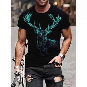 Футболки в полоску с рисунком, летние футболки с изображением медведя и оленя, мужские уличные футболки с 3D принтом, модные топы с короткими рукавами и круглым вырезом S чёрный