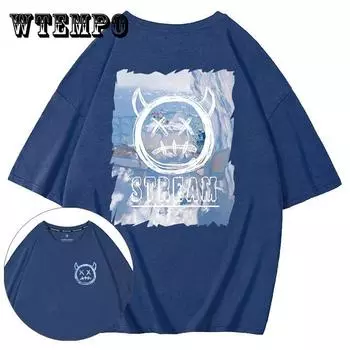 Футболки в стиле хип-хоп, большие молодежные модные индивидуальные футболки с круглым вырезом и коротким рукавом, повседневный свободный пуловер, летняя рубашка с принтом иконы дьявола XXXL синий